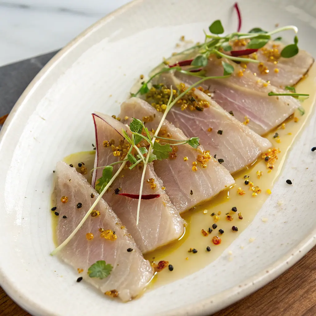 Hamachi Crudo on white plate