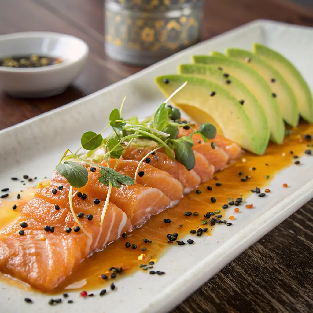 Fresh Salmon Crudo with Yuzu and Avocado
