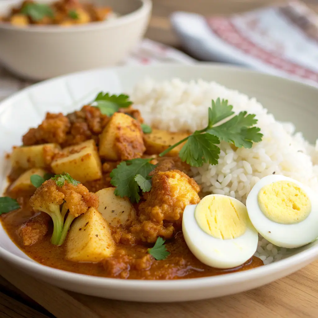 Plated Cauliflower, Egg & Potato Curry garnished with cilantro