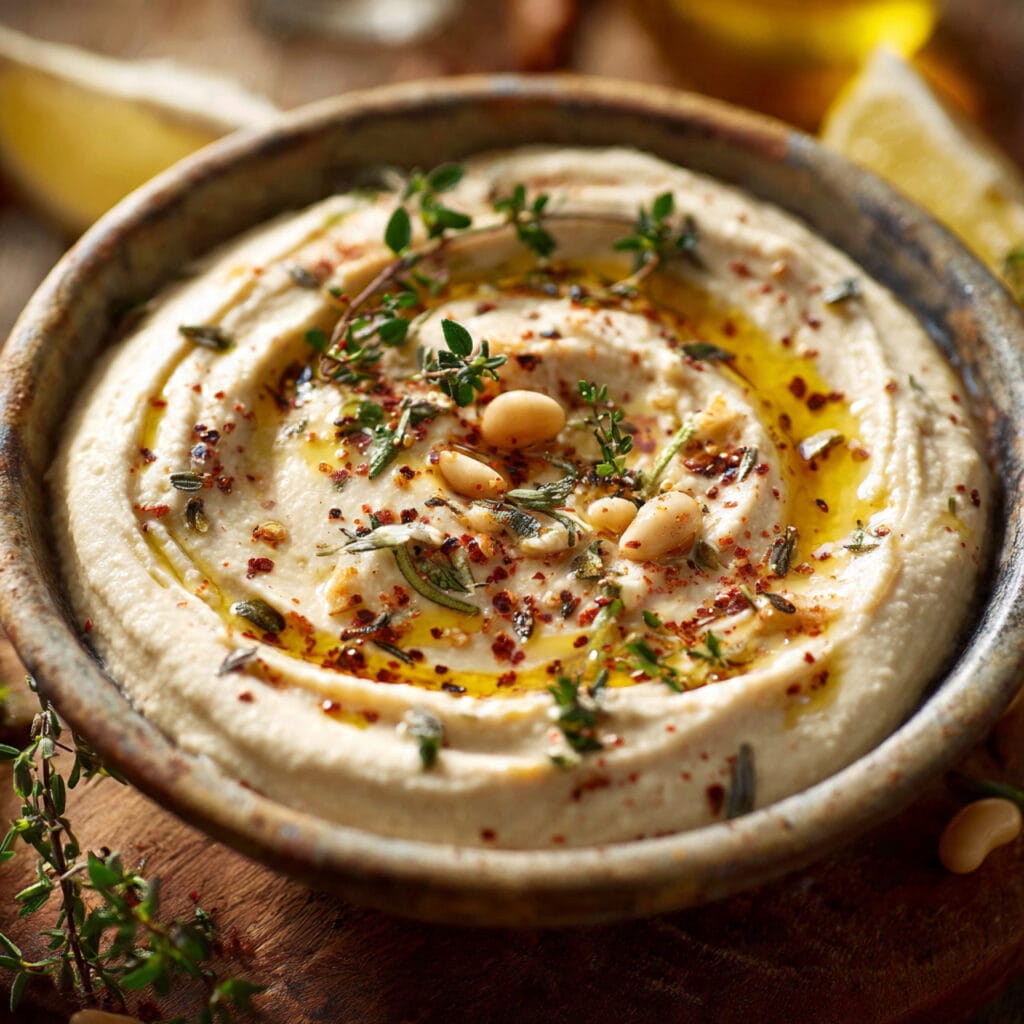 a bowl of creamy white bean dip cannellini beans e