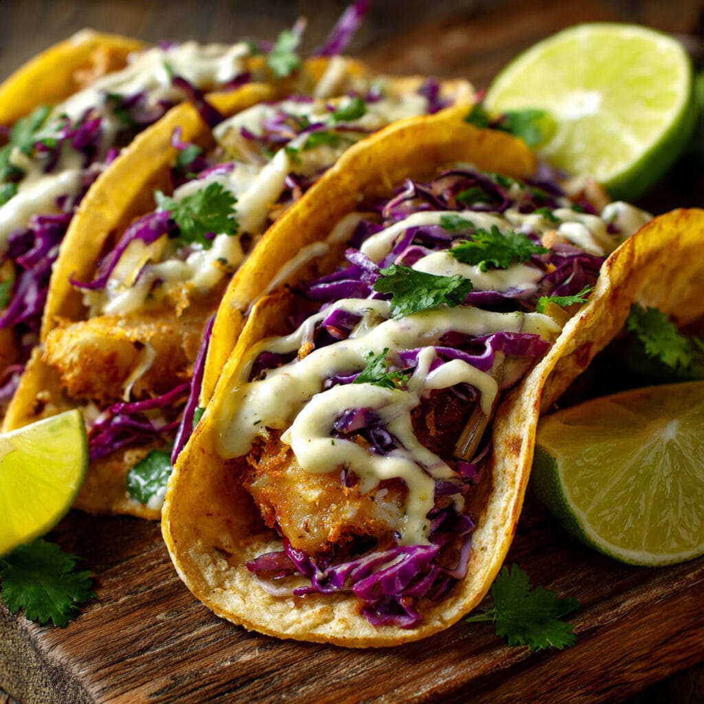 a close up of fresh fish tacos filled with crispy