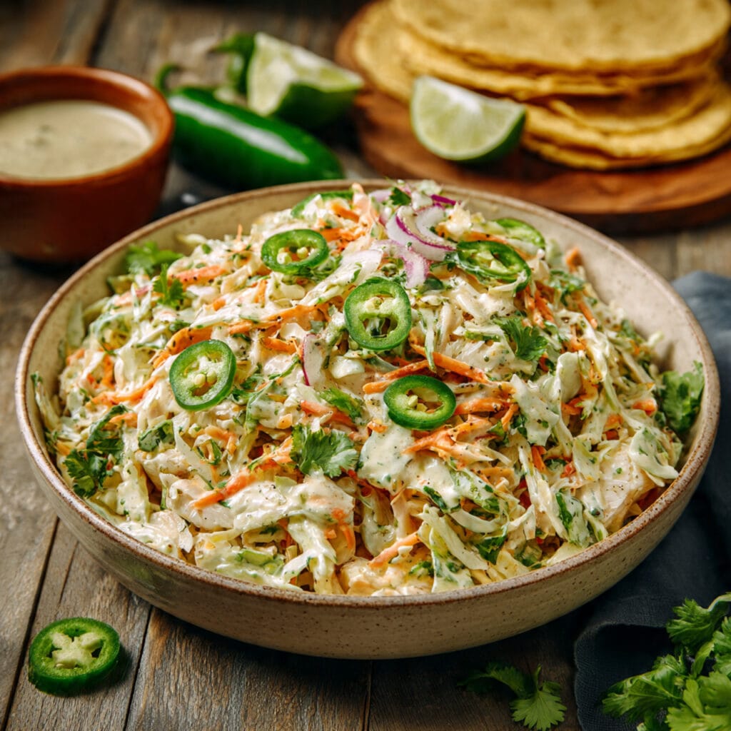 a fresh colorful bowl of fish taco slaw made with