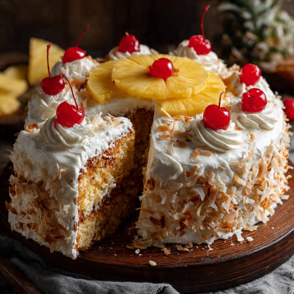 a moist hawaiian pineapple cake topped with fluffy