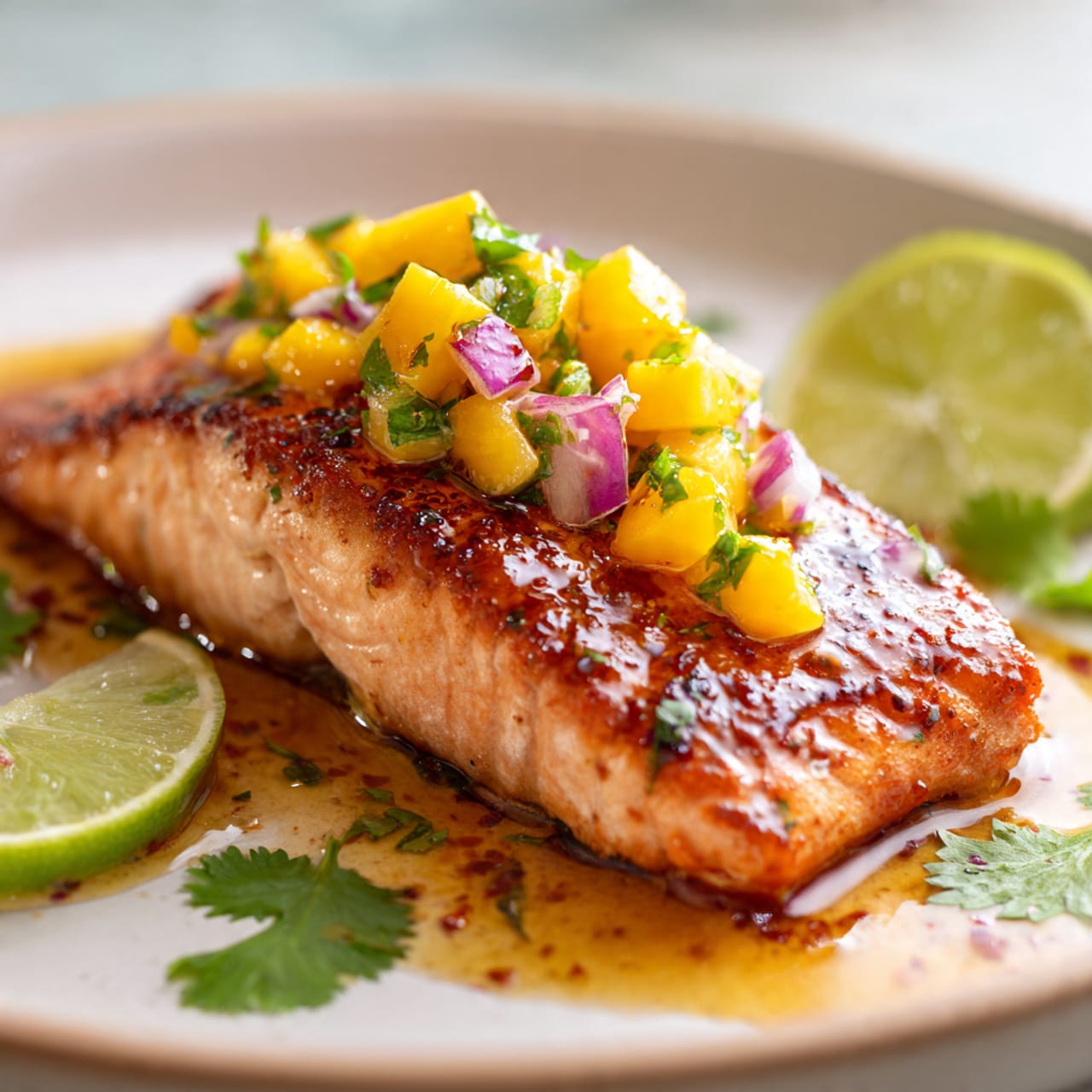 Mango Salsa Salmon Recipe: Quick and Flavorful Dish 1 a perfectly seared salmon fillet glazed with a lig