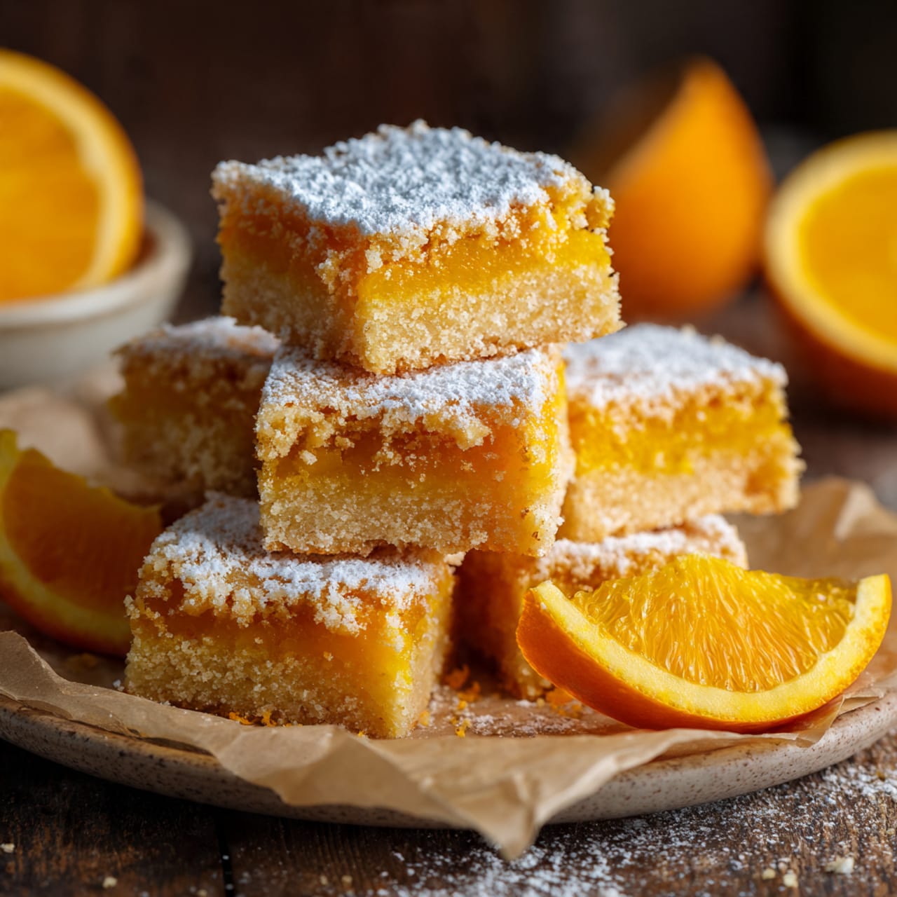 Orange Bars: A Sweet Twist on Classic Comfort 1 a stack of golden orange bars dusted with powdered