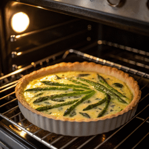 asparagus quiche baking in oven golden crust form