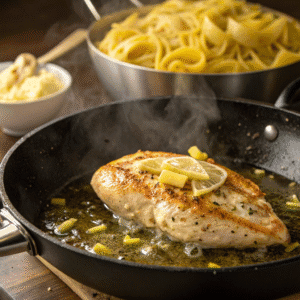 chicken breast cooking in a skillet with garlic an