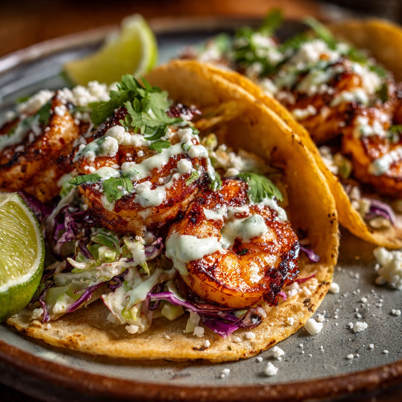 close up food photography of shrimp tacos with cab