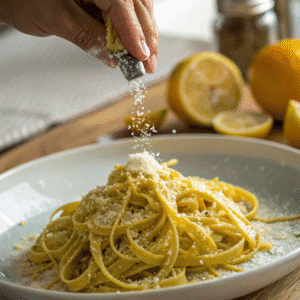 close up of pasta being finished with fresh lemon