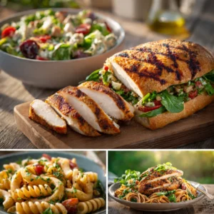 collage of grilled chicken cutlet dishes sliced ch