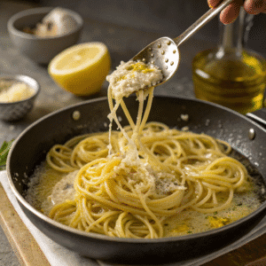 cooking lemon butter pasta sauce in a pan garlic