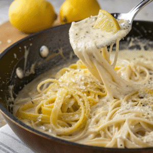 creamy lemon sauce being mixed into pasta silky t