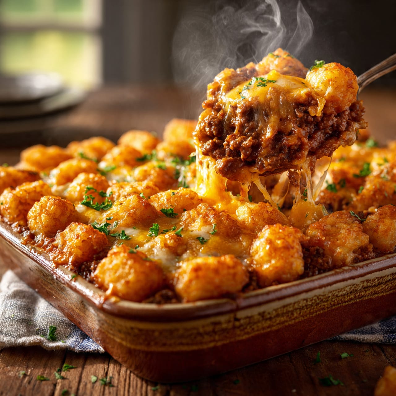 Tator Tot Casserole with Ground Beef: Family-Friendly Comfort 1 create a high resolution food photography image of