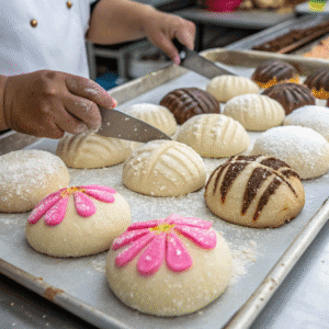 Mexican Sweet Buns the Whole Family Will Love 7 forming conchas with sugar topping being placed on