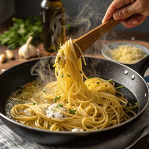 garlic sizzling in olive oil and butter in a pan