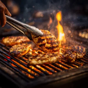 grilled chicken cutlets cooking on a hot barbecue