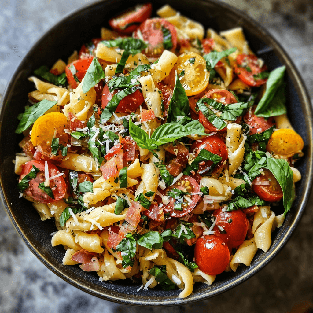 Bruschetta Pasta Salad with Fresh Tomatoes and Herb Dressing
