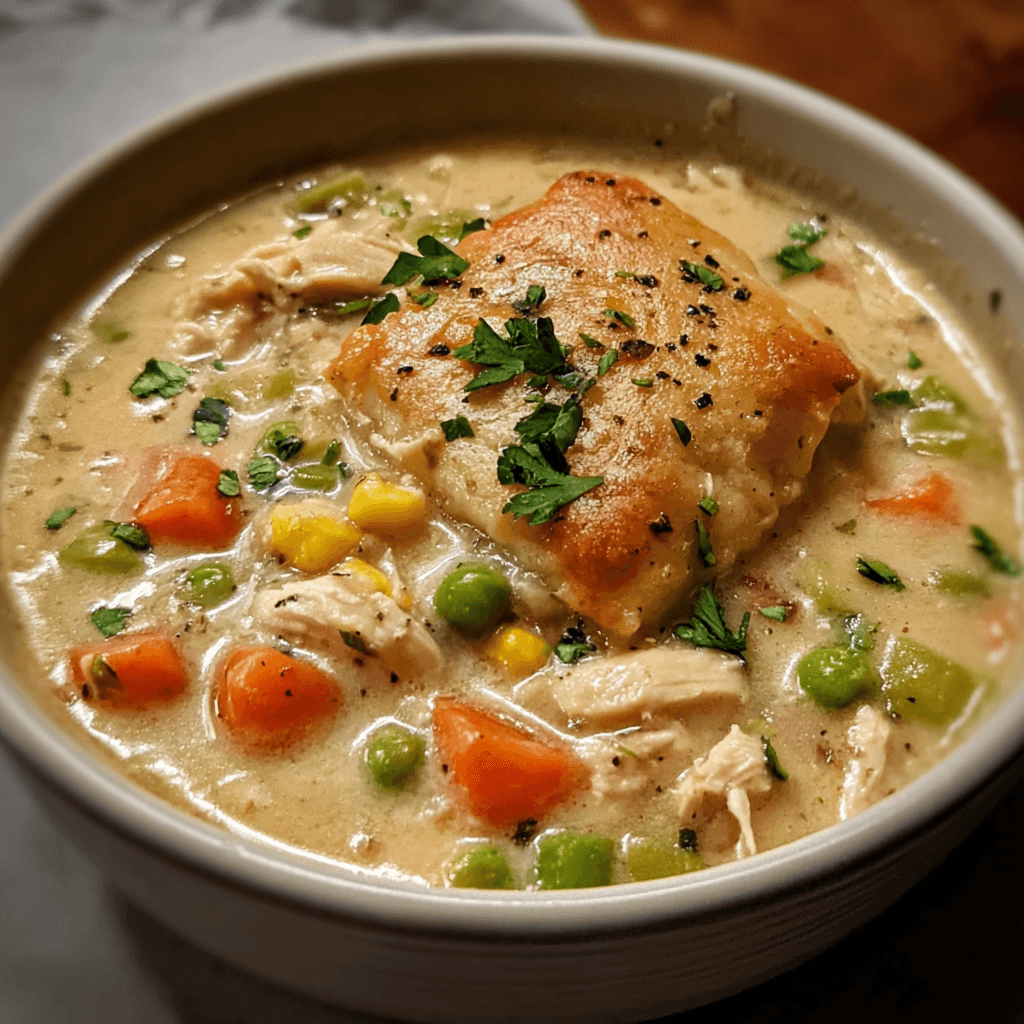 High Protein Chicken Pot Pie Soup with Creamy Comfort
