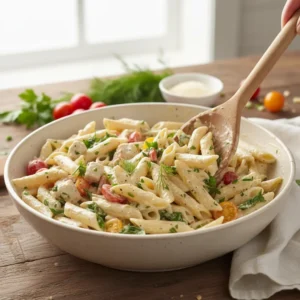Chicken Pasta Salad Recipe: Quick & Flavorful Dish 6 mixing chicken pasta salad in a large bowl pasta