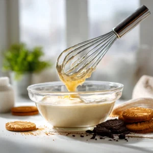 Cookies and Cream Ice Cream Recipe to Impress 6 mixing ice cream base in a glass bowl with whisk c