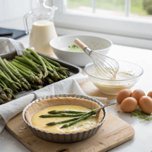 preparing asparagus quiche sauteing asparagus in