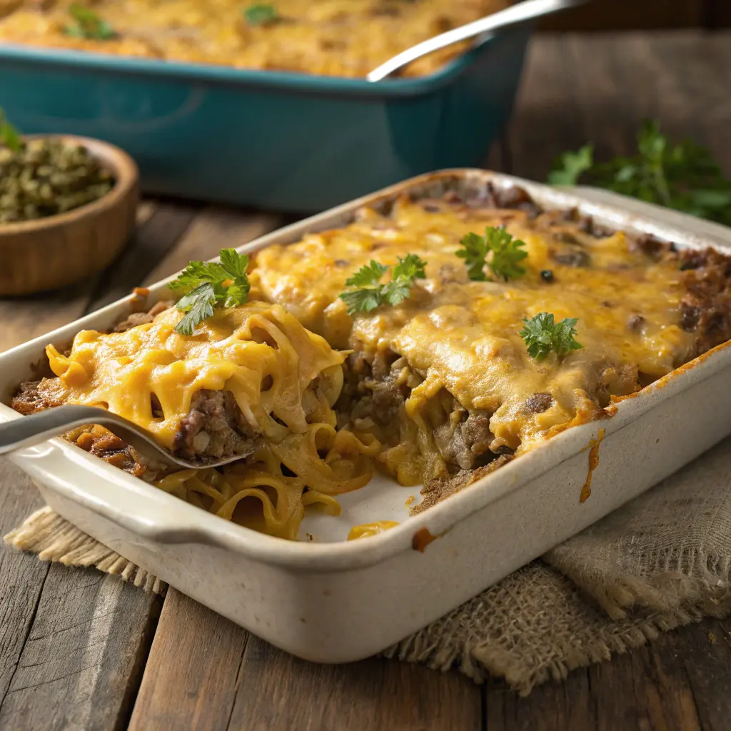 Hamburger supreme casserole fresh out of oven