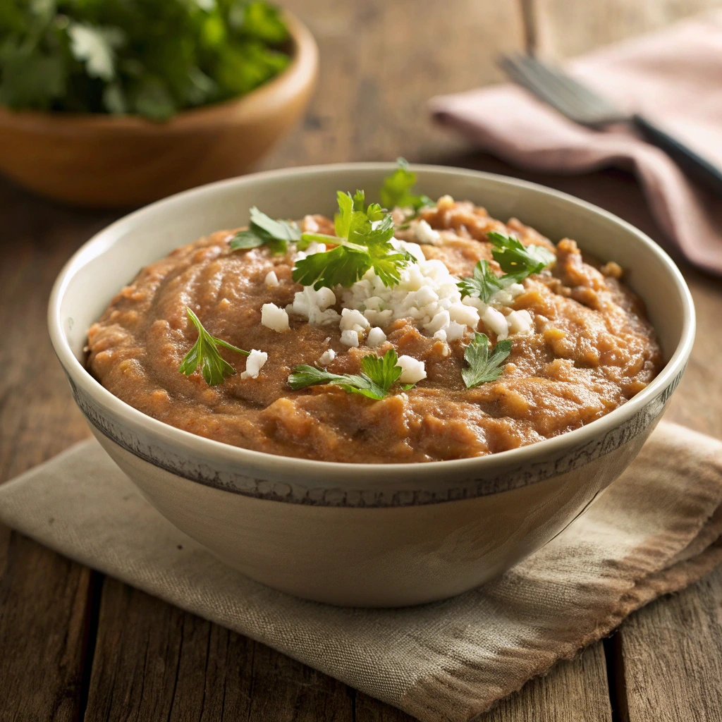 Creamy homemade refried beans with cilantro and cheese