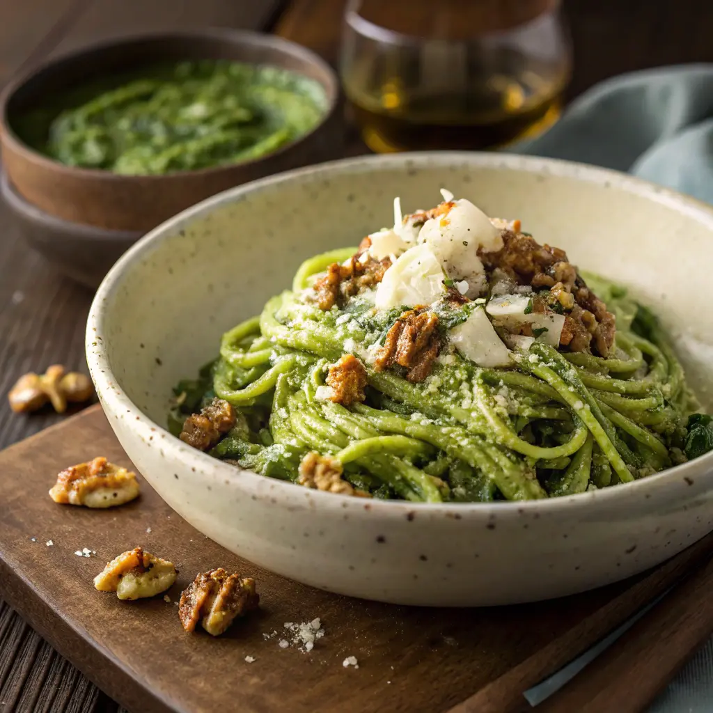 Bowl of creamy kale pesto pasta