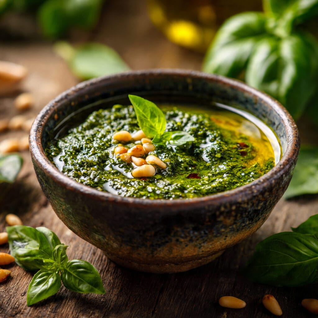 prompt a bowl of rich vibrant green basil pesto ma