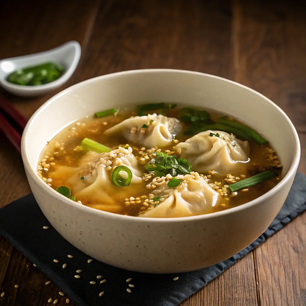 Steaming bowl of wonton soup