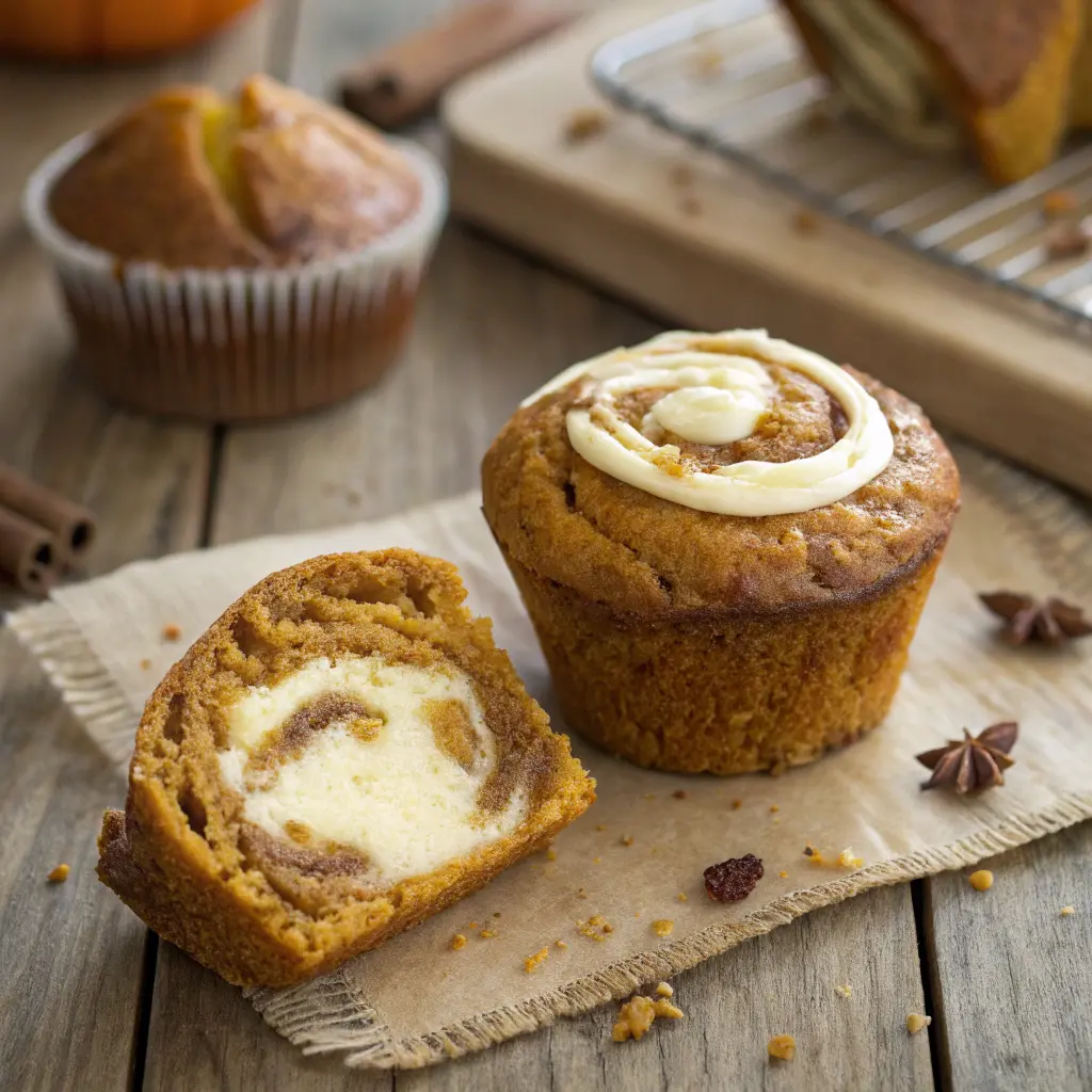 Close-up of pumpkin swirl muffin with cream cheese swirl