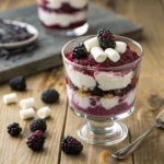 Blackberry marshmallow and mascarpone trifles close up