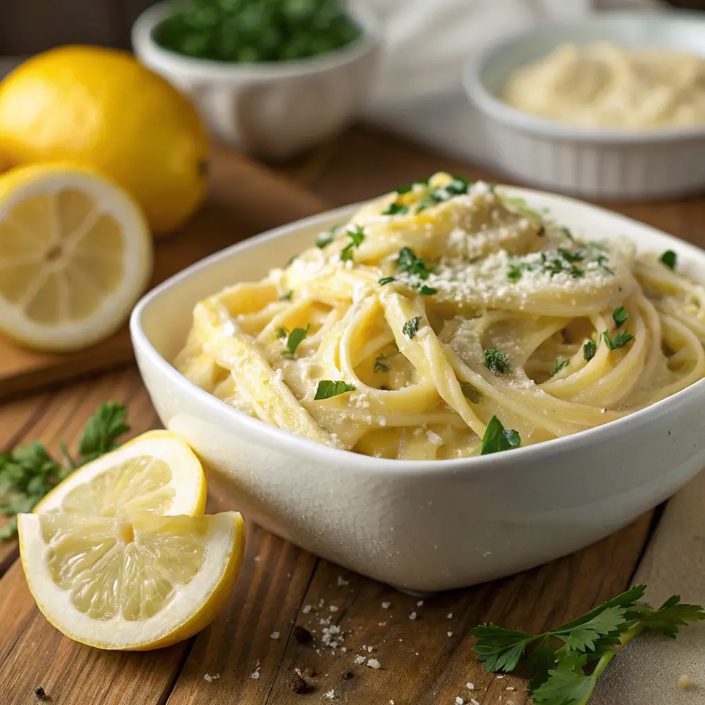 Creamy lemon pasta served in a white bowl