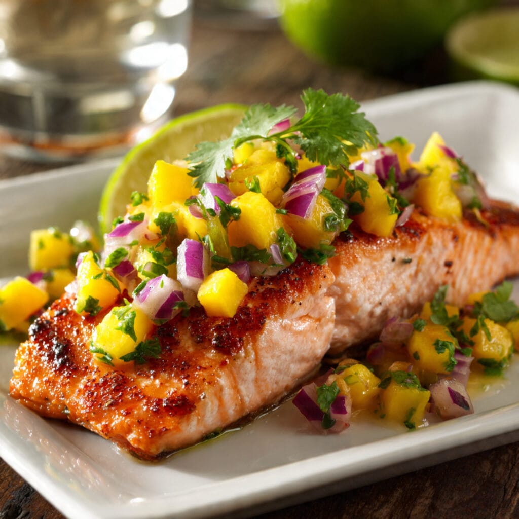 prompt a perfectly seared salmon fillet topped wit