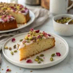 Slice of Persian Love Cake with pistachios and rose petals