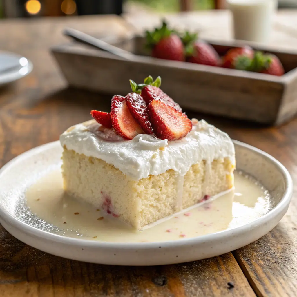 Tres leches cake slice with whipped cream
