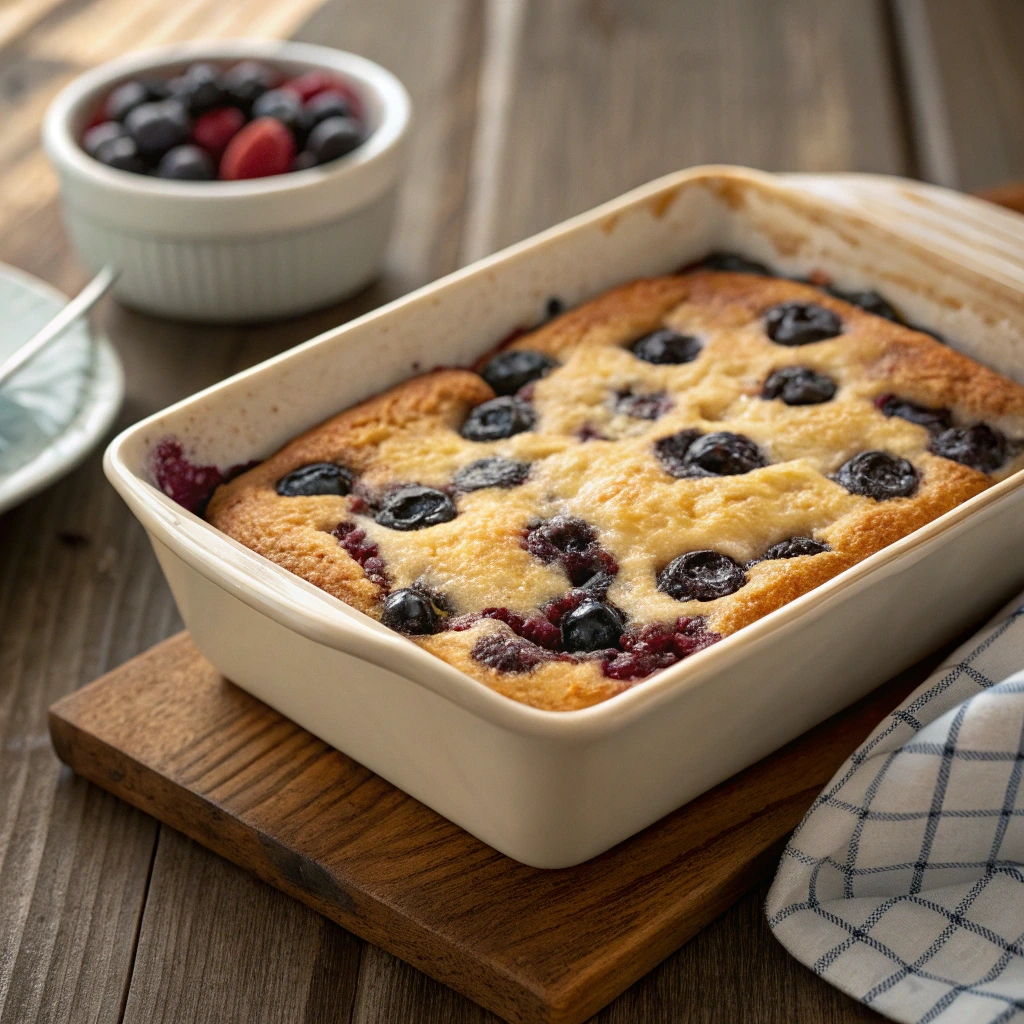 Blueberry cottage cheese breakfast bake served in ceramic dish
