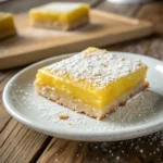 Lemon bars on white plate with powdered sugar