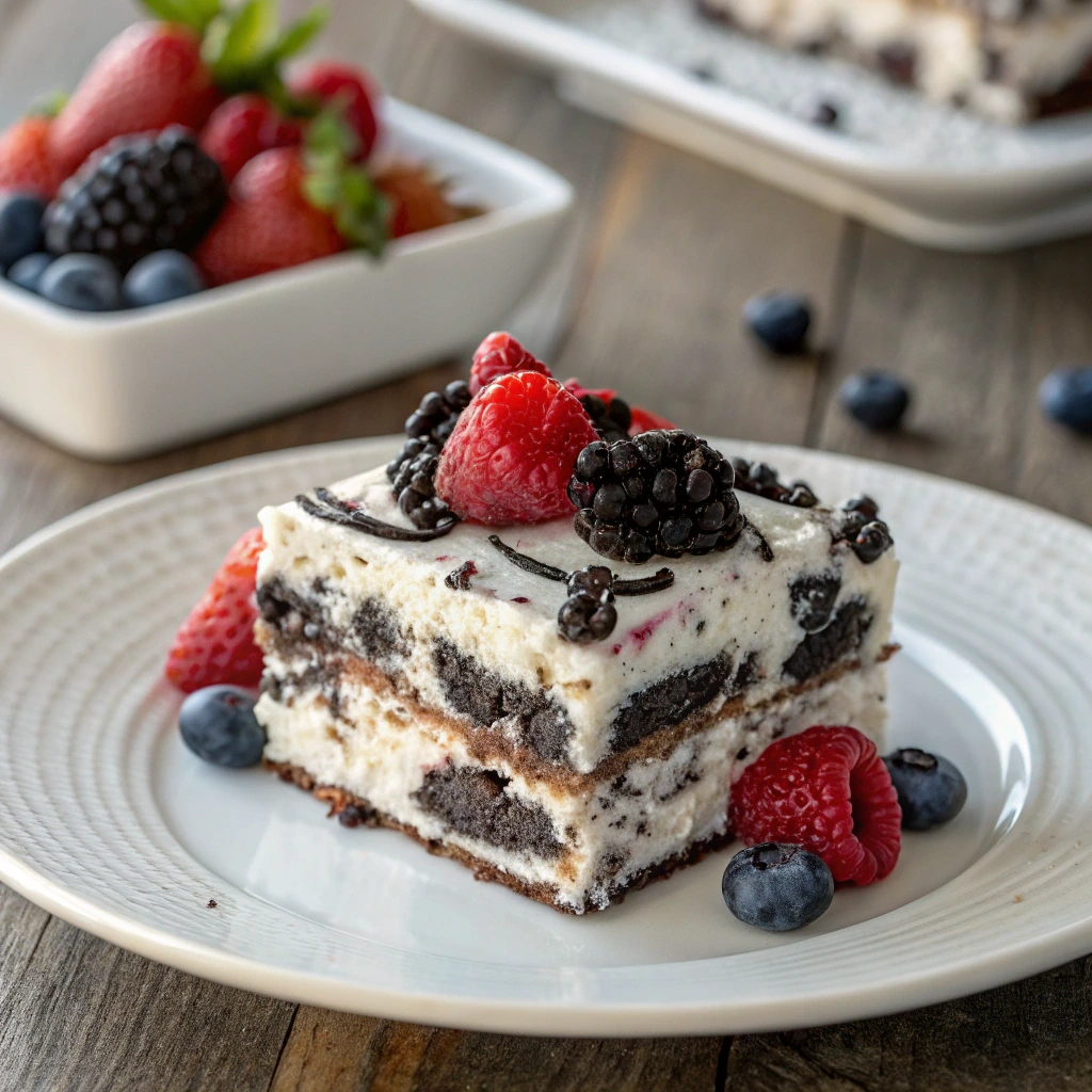 Summer Oreo Ice Box Cake slice on plate
