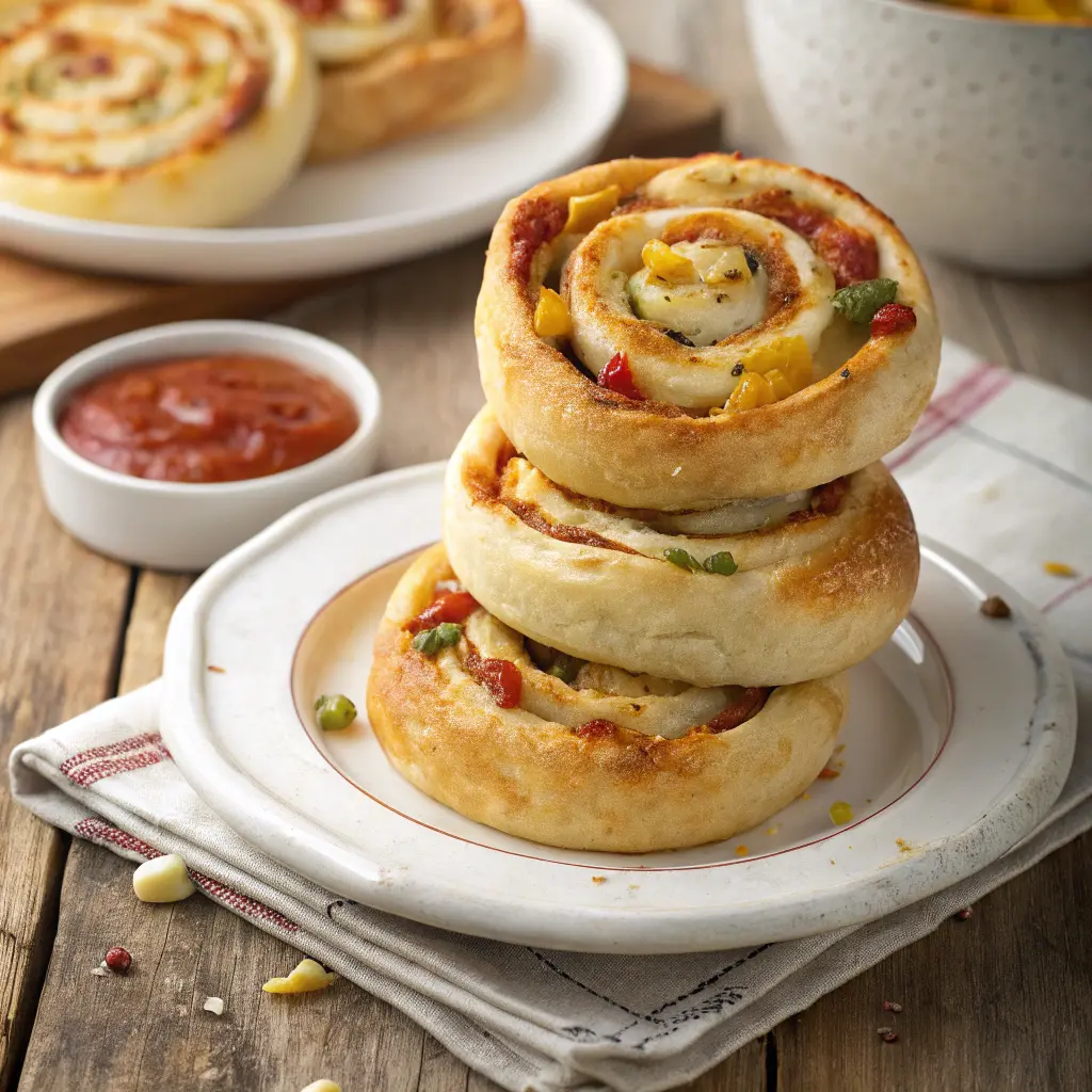 Close-up of golden-brown pizza wheels on a plate