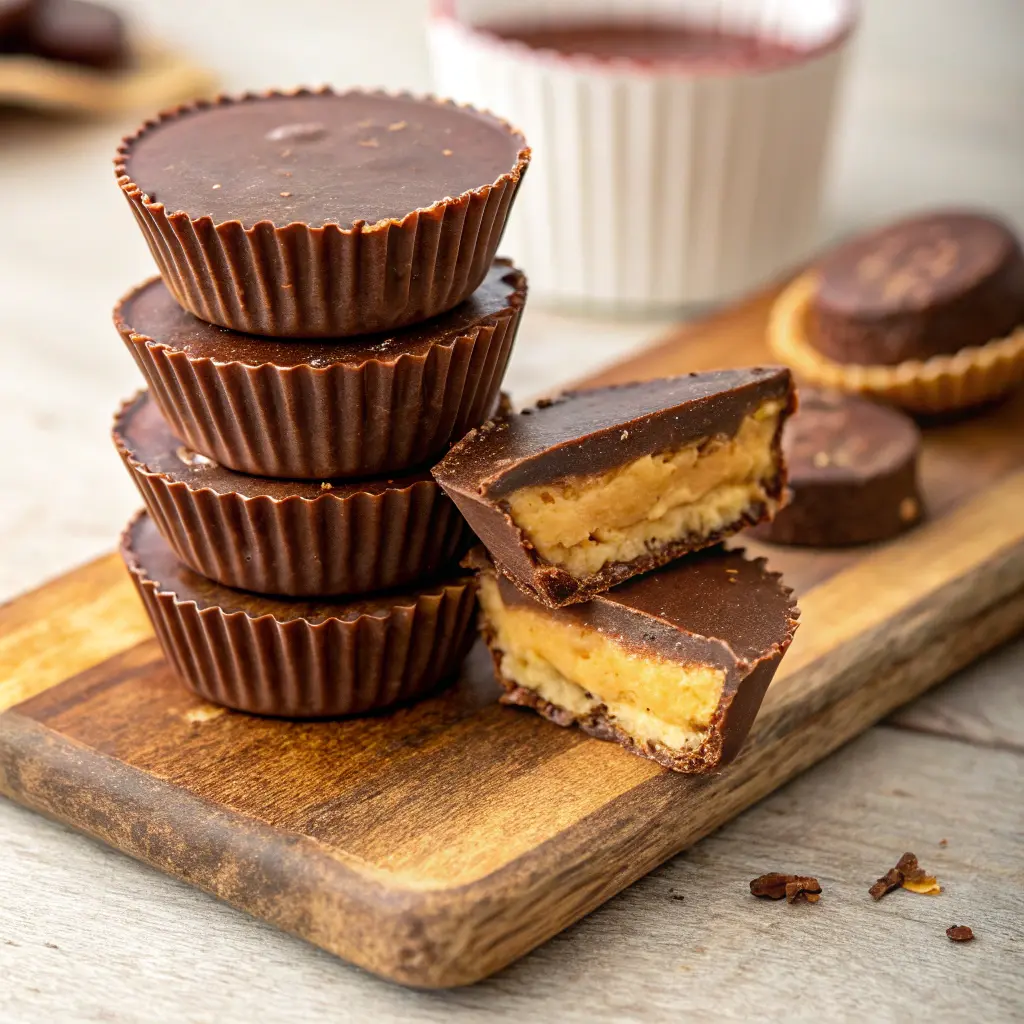 Homemade Reese’s cups stacked on wooden board