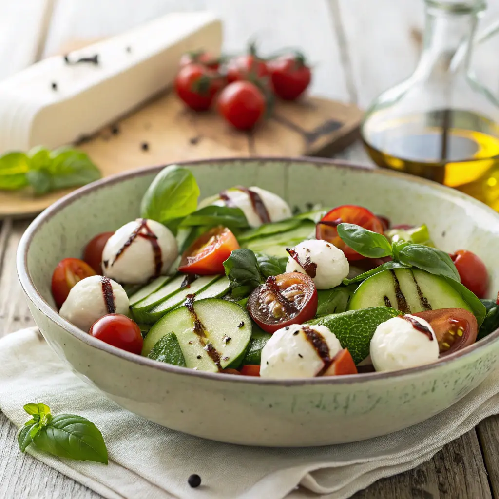 Cucumber caprese salad with mozzarella and basil