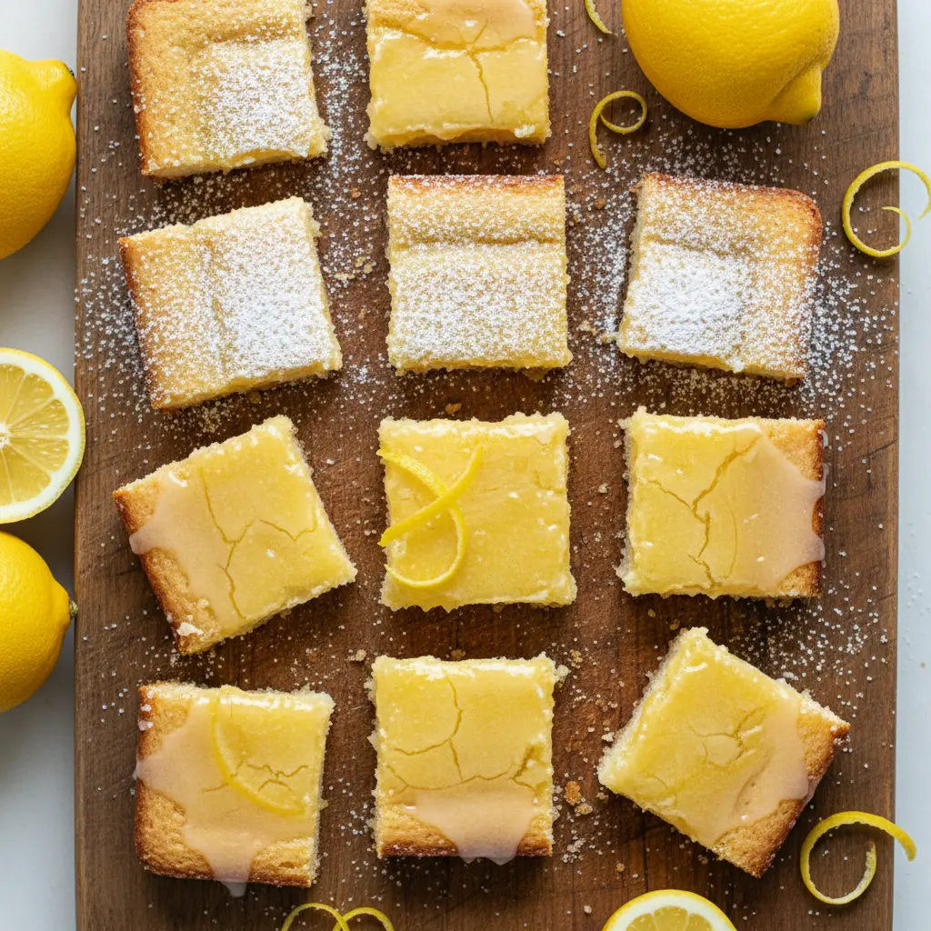 Sliced lemon bars with powdered sugar and glaze