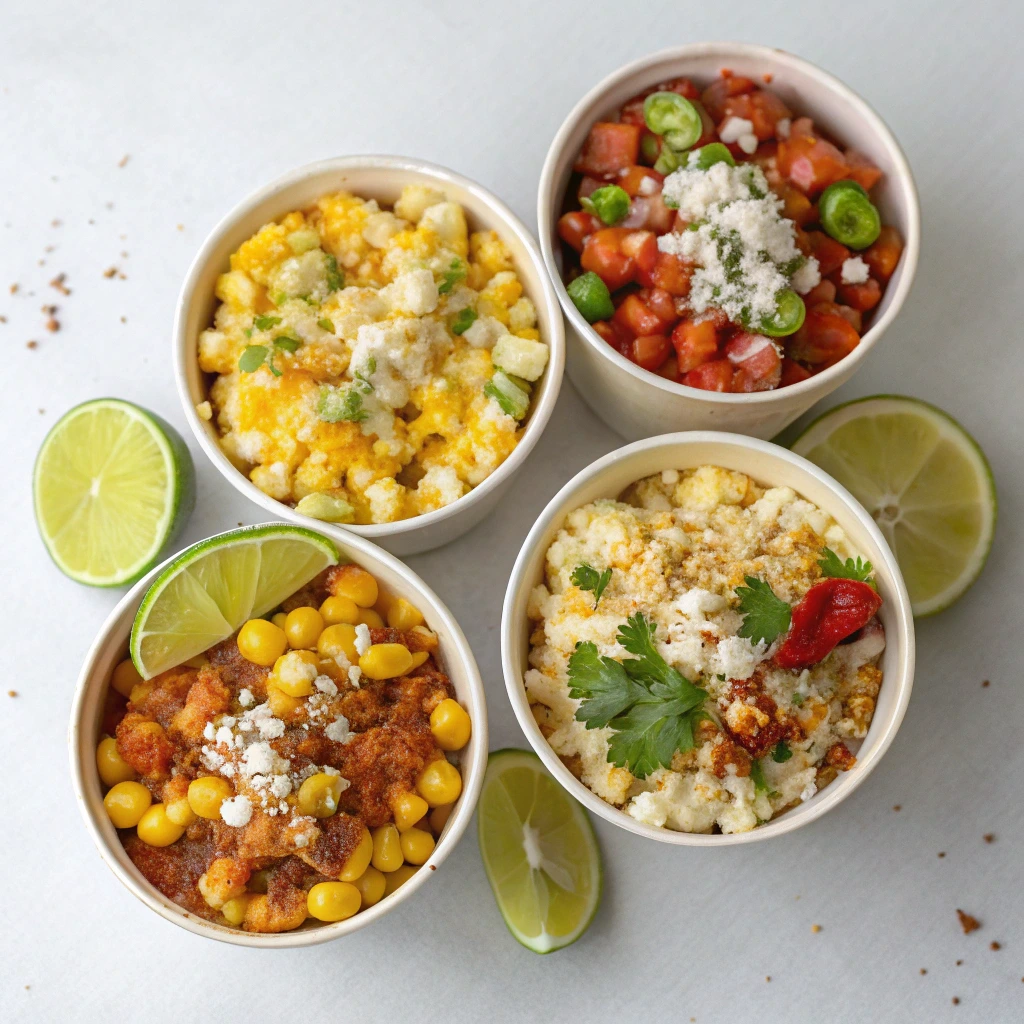 Four variations of elote Mexican street corn