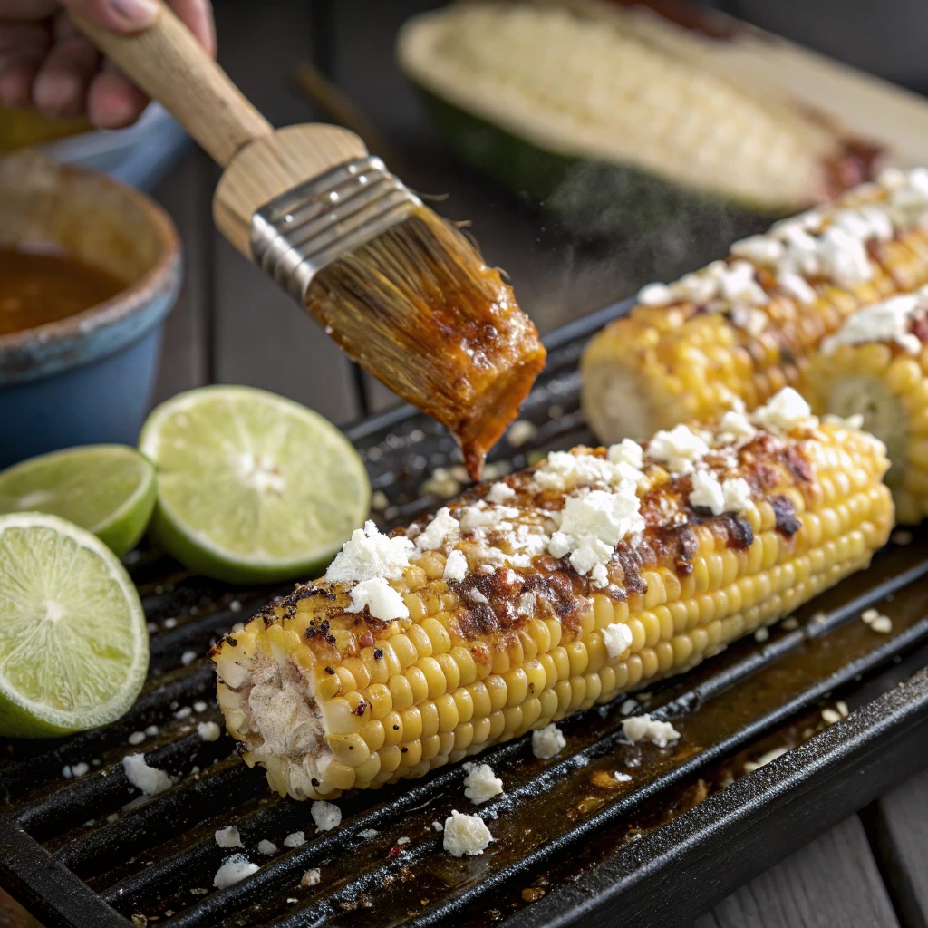 Cooking elote Mexican street corn on grill