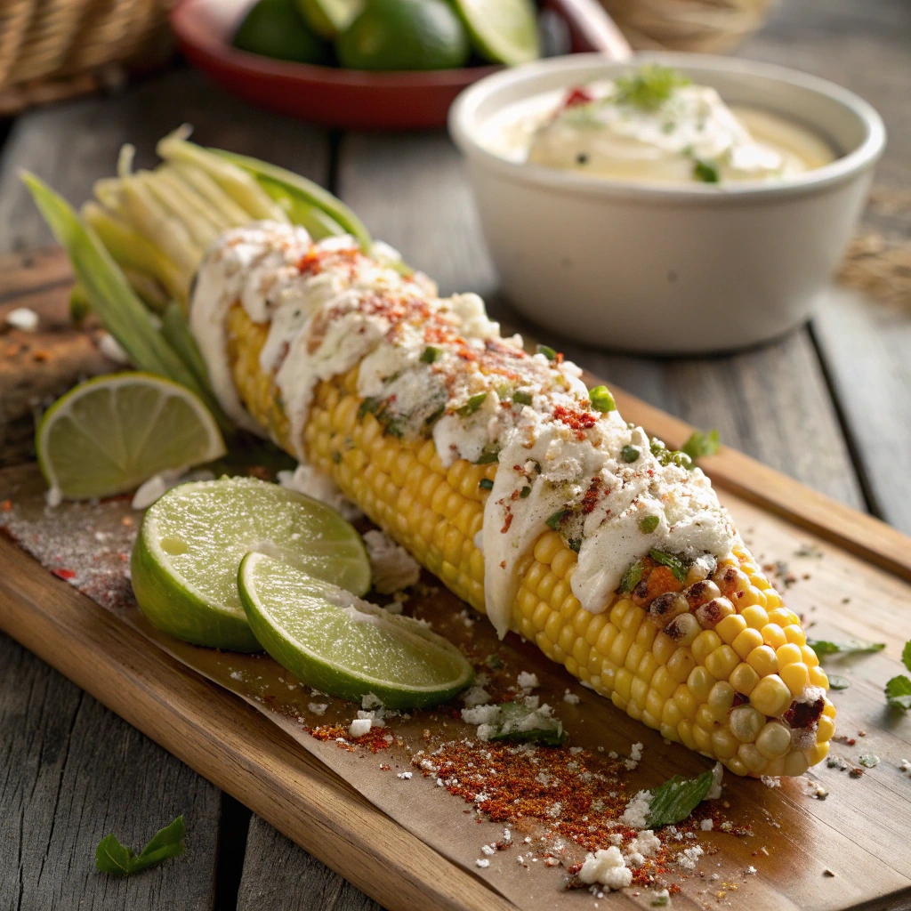 Grilled elote Mexican street corn on the cob