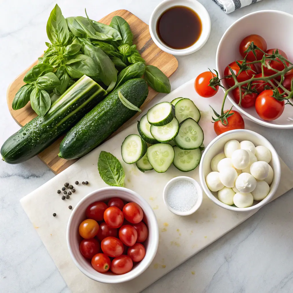 Ingredients for cucumber caprese salad