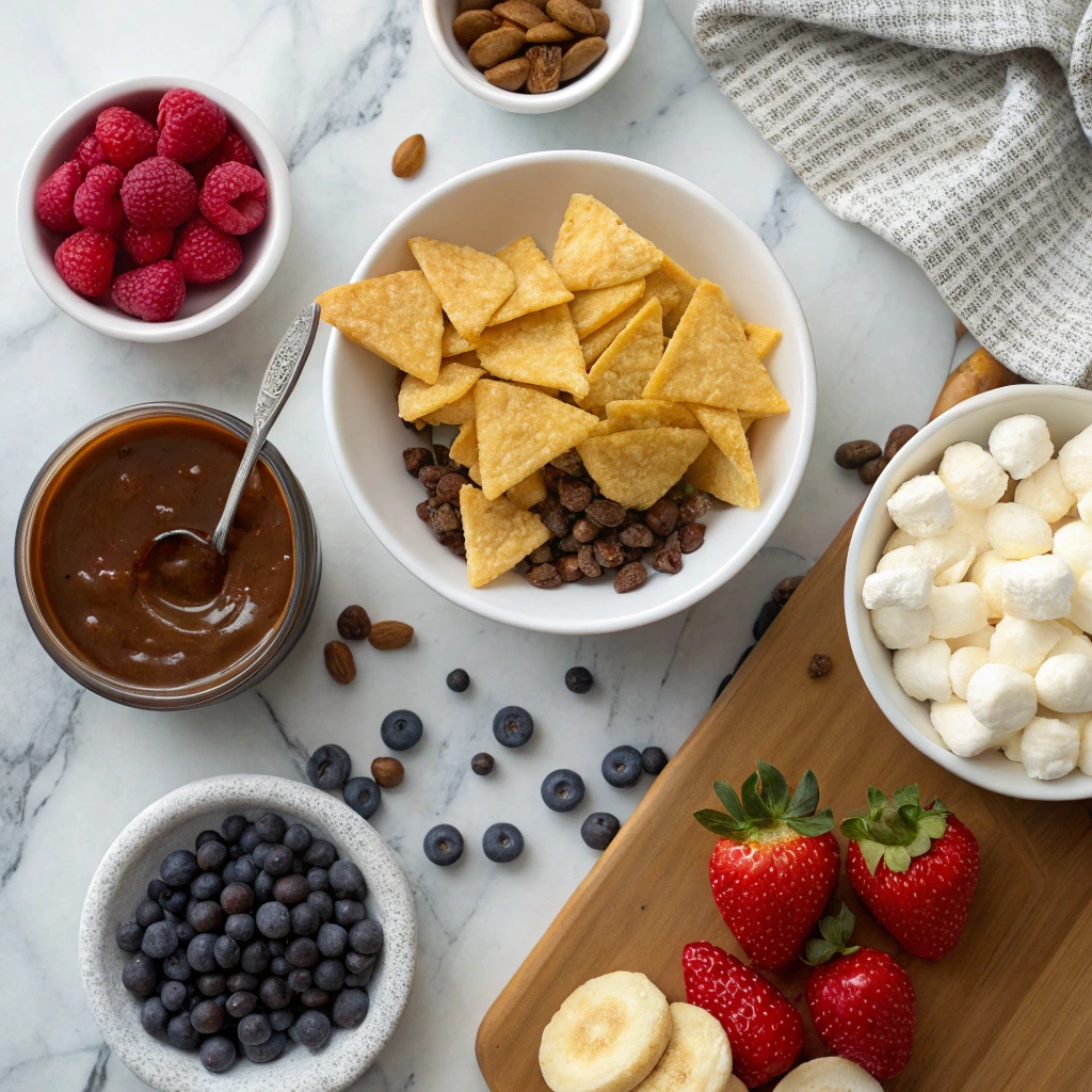 Creative Dessert Nachos Ideas for Kids and Adults 10 Ingredients for dessert nachos on a marble counter