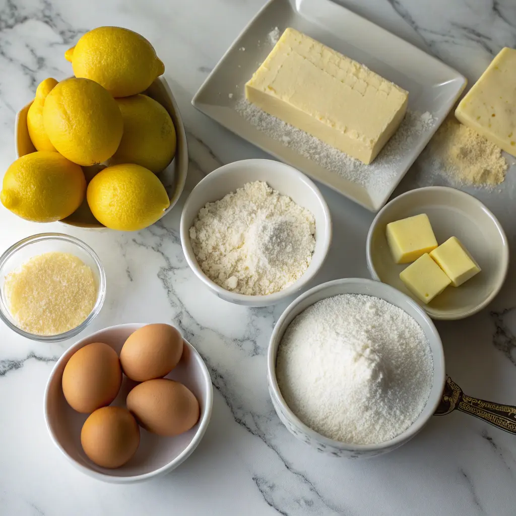 Lemon bars ingredients on marble counter