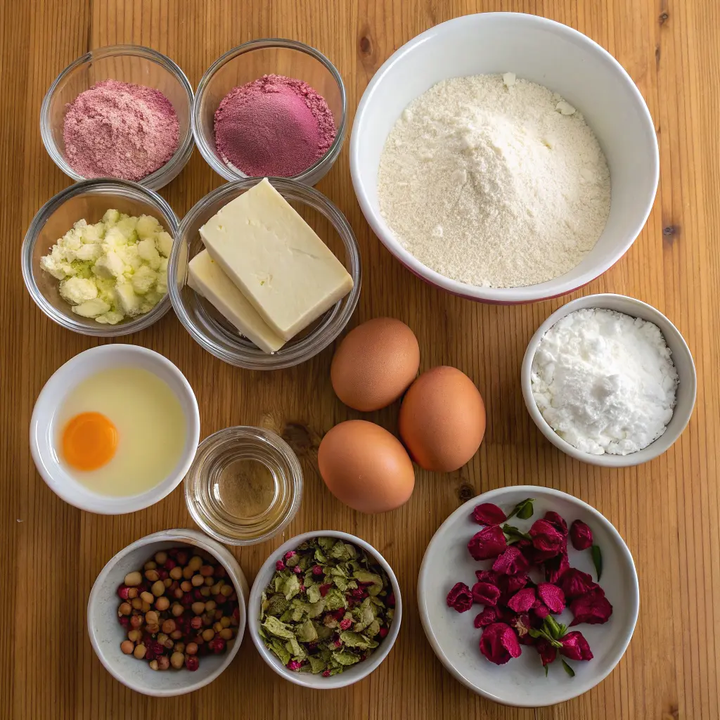Ingredients for Persian Love Cake on counter